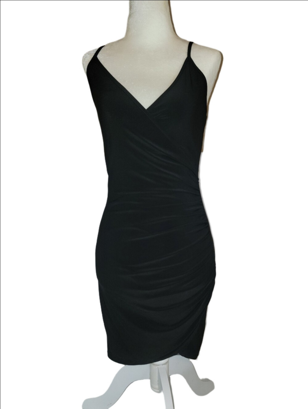 BEBE Black Ruched V-Neck Spaghetti Strap Mini Dress Y2K Style Slinky Sexy LBD - Picture 6 of 14